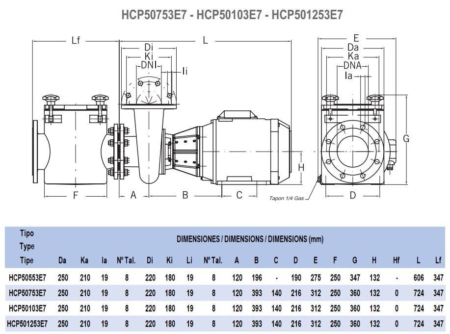 Насос Hayward HCP501253E7 (380V, пф,122m3/h*14m, 9,2kW,12,5HP) кор.чугун\крыл.бронза, фланец 125\100 фото 3